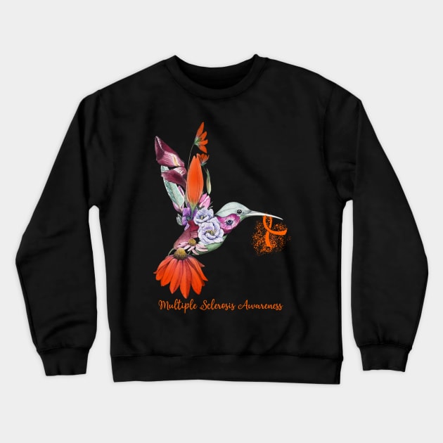 Multiple Sclerosis Awareness Humming Bird Flowers Ribbon Crewneck Sweatshirt by Margaretsantana